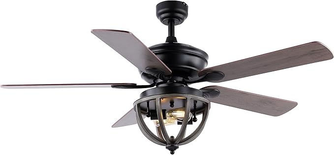 JONATHAN Y 52" Black 2-Light Iron LED Ceiling Fan with Remote, 5 Reversible Ashwood/Coffee Brown Blades, Farmhouse Industrial Metal Dome Shade, ETL Listed, LED Bulbs Included JYL9613A