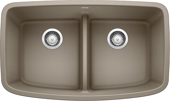 Valea Equal Double Bowl Kitchen Sink with Low Divide, Truffle
