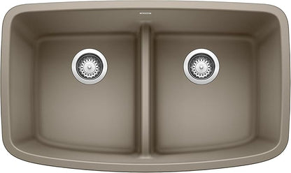 Valea Equal Double Bowl Kitchen Sink with Low Divide, Truffle