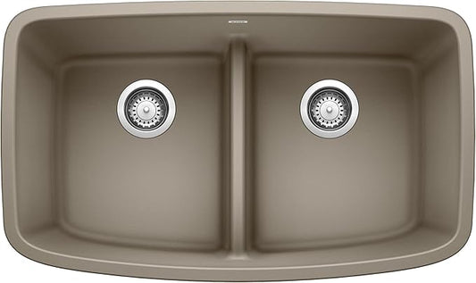 Valea Equal Double Bowl Kitchen Sink with Low Divide, Truffle