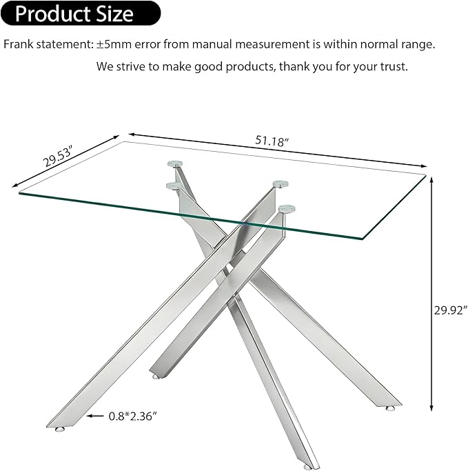 51.18" Rectangular Glass Dining Table, Tempered Glass Small Kitchen Table with Metal Tubular Legs, Stylish and Sturdy Silver Dinner Table for Home and Outdoor