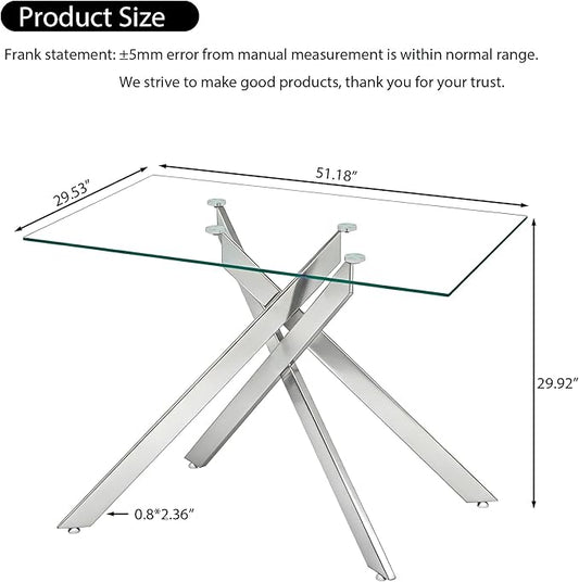 51.18" Rectangular Glass Dining Table, Tempered Glass Small Kitchen Table with Metal Tubular Legs, Stylish and Sturdy Silver Dinner Table for Home and Outdoor