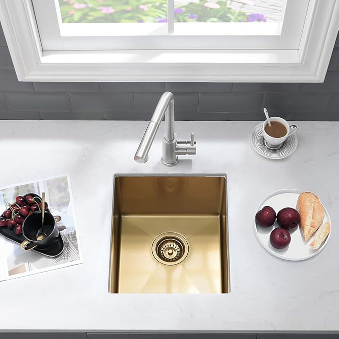 13 Inch Gold Bar Sink Undermount-VASOYO 13x15 Inch Undermount Bar Sink Gold Small Rv Kitchen Sinks Outdoor Island Sinks 16 Gauge Stainless Steel Single Bowl Basin with Bottom Grid