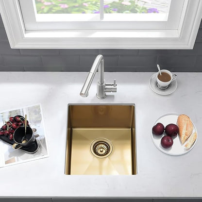 13 Inch Gold Bar Sink Undermount-VASOYO 13x15 Inch Undermount Bar Sink Gold Small Rv Kitchen Sinks Outdoor Island Sinks 16 Gauge Stainless Steel Single Bowl Basin with Bottom Grid