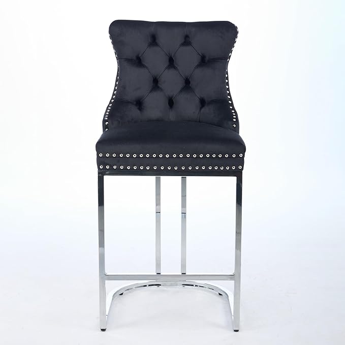 25" Counter Height Bar Stools Set of 2, Velvet Bar stools with Button BackRivet Trim Upholstered Kitchen Island Chairs with Sturdy Chromed Metal Base Legs Bar Stools, (Black,2 Pack)