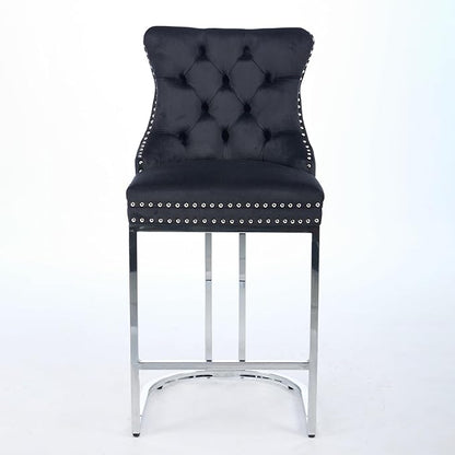 25" Counter Height Bar Stools Set of 2, Velvet Bar stools with Button BackRivet Trim Upholstered Kitchen Island Chairs with Sturdy Chromed Metal Base Legs Bar Stools, (Black,2 Pack)