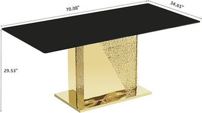 70" Rectangle Glass Dining Table for 6, Modern Luxury Kitchen Table with Black Tempered Glass Top, Gold Stainless Steel Mirrored Base with Carved Details