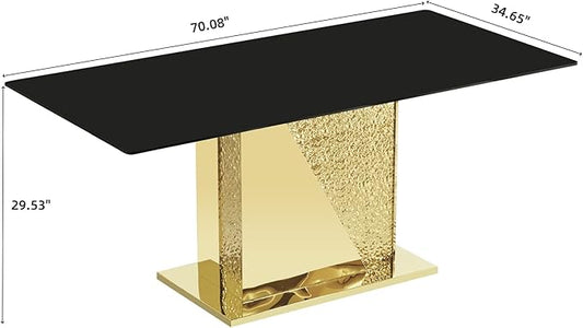 70" Rectangle Glass Dining Table for 6, Modern Luxury Kitchen Table with Black Tempered Glass Top, Gold Stainless Steel Mirrored Base with Carved Details