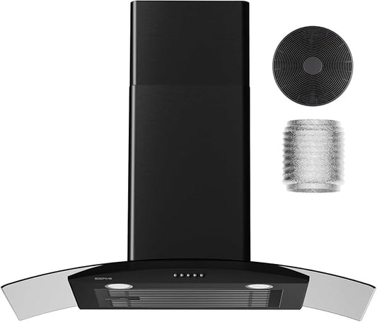 30 Inch Black Range Hood Wall Mounted Curved Glass Range Hoods with 450 CFM, Stainless Steel kitchen Ductless/Ducted Convertible with 3 Speed Controls, Permanent Baffle Filters and 2 LED Lights