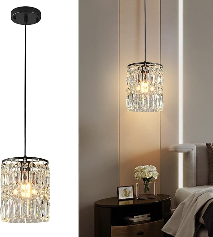 1-Light Crystal Pendant Lighting Modern Black Chandelier for Bedroom Adjustable Kitchen Island Lighting Unique Ceiling Lights Fixtures for Living Room Entrance Hallway