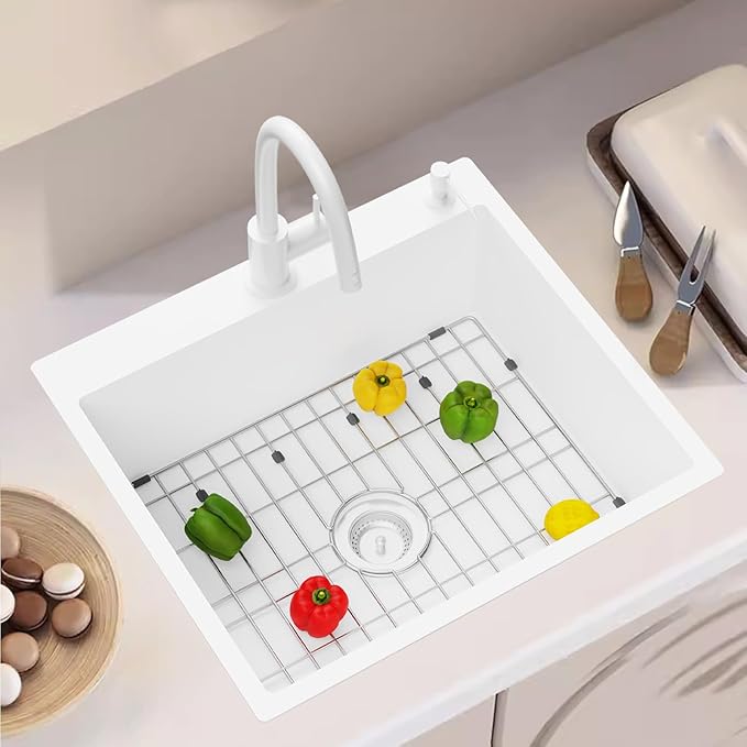 White Stainless Steel Kitchen Sink - 25x22 Inch Single Bowl Topmount With Sink Grid and Drain Assembly - Clean & Bright Bar Sink to Enhance Aesthetic Appeal of Modern Kitchen