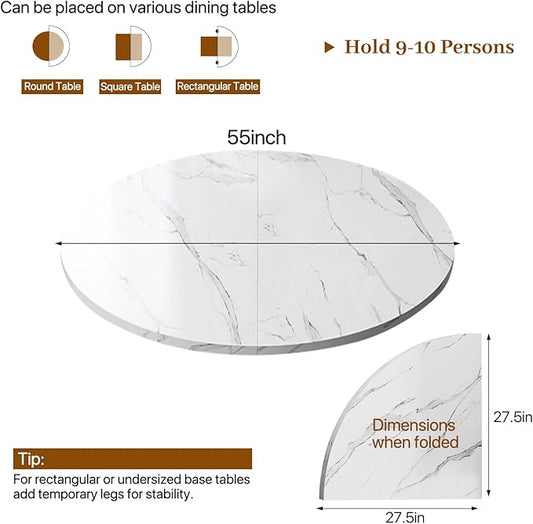 Wood Round Foldable Table Top Only Large Portable Tabletop for Desktop Transformation 47 51 55 59 63 71 inch 4-Fold Folding Round Table Top Extender Space Saving for Family Dinners(White Marble,55")
