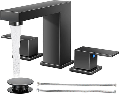 Cobbe Bathroom Faucets for Sink 3 Hole, Matte Black Bathroom Sink Faucet Square 8 inch Widespread with Pop-Up Drain, 2 Handle and 2 Supply Hoses, Lead-Free Stainless Steel for Vanity, Rv, Farmhouse