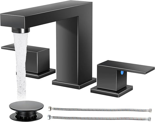 Cobbe Bathroom Faucets for Sink 3 Hole, Matte Black Bathroom Sink Faucet Square 8 inch Widespread with Pop-Up Drain, 2 Handle and 2 Supply Hoses, Lead-Free Stainless Steel for Vanity, Rv, Farmhouse