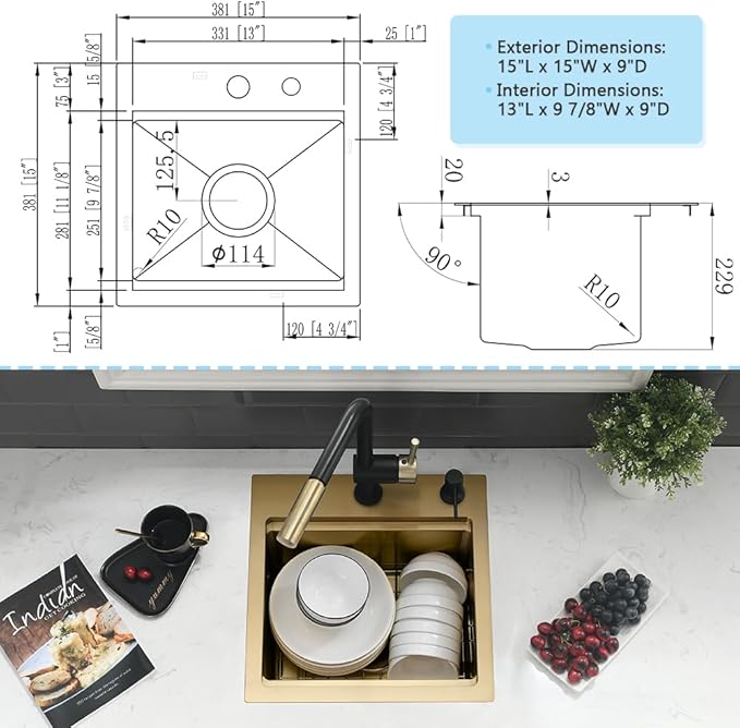15 Inch Gold Bar Sink Drop In-VASOYO 15x15 Small Kitchen Sink Drop In Bar Sinks Wet Prep 16 Gauge Gold Stainless Steel Outdoor Rv sinks Single Bowl Deep Kitchen Basin with Cutting Board