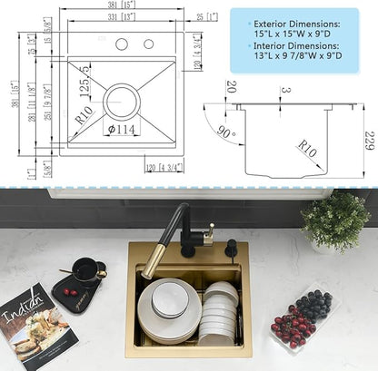 15 Inch Gold Bar Sink Drop In-VASOYO 15x15 Small Kitchen Sink Drop In Bar Sinks Wet Prep 16 Gauge Gold Stainless Steel Outdoor Rv sinks Single Bowl Deep Kitchen Basin with Cutting Board