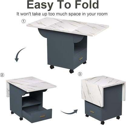 Versatile Marble-Look Folding Dining Table with Wheels, Storage Drawers & Expandable Design - Multi-Functional Kitchen Island,Computer Desk & Hallway Console - Space-Saving Furniture for Small Spaces