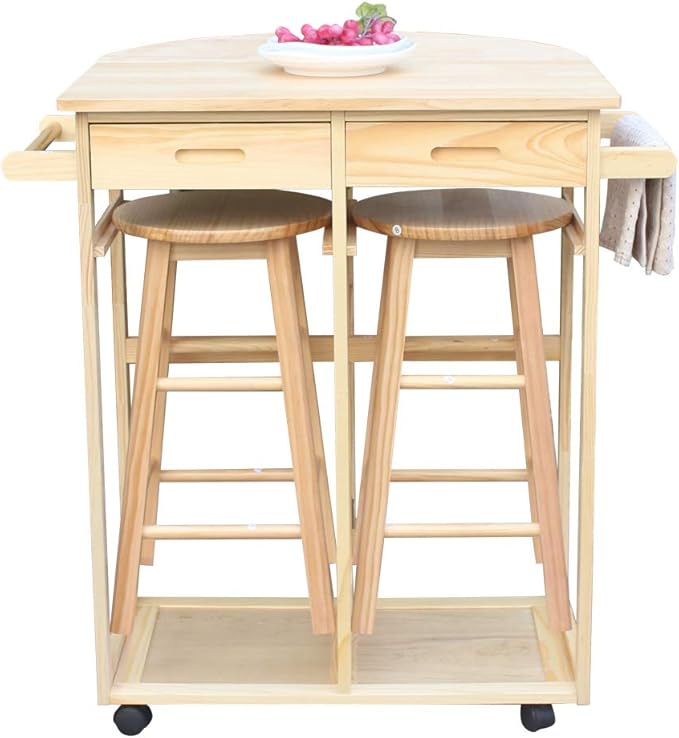 Foldable Dining Table Set, Kitchen Island Trolley Cart with 2 Stools and 2 Drawers Solid Wood Drop Leaf Table Breakfast Cart Bar Dining Room Serving Cart (Semicircle Dining Cart Burlywood 2)