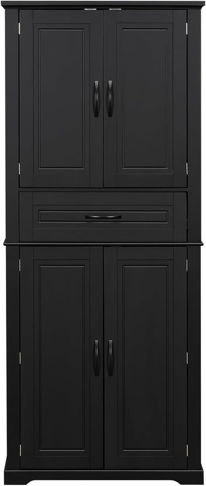 Merax 72" Tall Kitchen Pantry Storage Cabinet, Farmhouse Freestanding Large Cupboard with One Drawer, Bathroom Cabinet with Adjustable Shelves, 6 Door-Shelf for Dining Room, Black