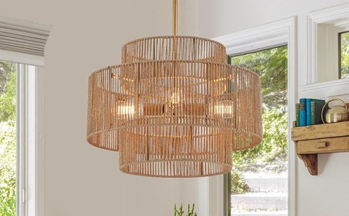 24” Boho Hand Woven Rattan Chandelier 3 Round Adjustable 4-Light Large Pendant Light for Kitchen Island Dining Room Living Room Hallway, Brass, UL Listed