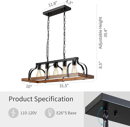 WUZUPS 5-Light Metal Chandelier Imitation Wood Grain Linear Pendant Ceiling Lighting Rustic Farmhouse Fixture Kitchen Island Dining Room, H 8.5" L 31.5" W10, E26 Base, Black & Retro Wood