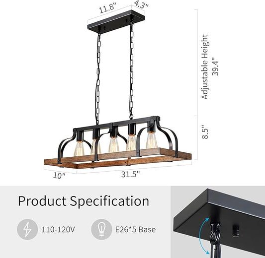 WUZUPS 5-Light Metal Chandelier Imitation Wood Grain Linear Pendant Ceiling Lighting Rustic Farmhouse Fixture Kitchen Island Dining Room, H 8.5" L 31.5" W10, E26 Base, Black & Retro Wood