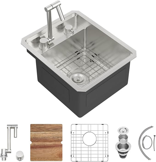 15x18 Inch Outdoor Sink Undermount RV Sink Workstation 16 Gauge Stainless Steel Single Bowl Handmade Concealed Outdoor Kitchen Sinks With Folding Faucet 15"x18"x9"