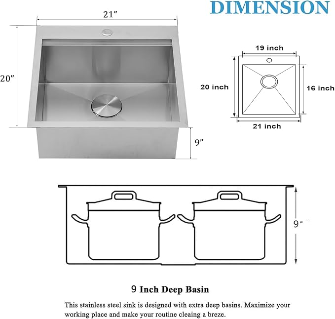 HOTIS 21 X 20 Inch Drop In Kitchen Sink, Handmade Stainless Steel Kitchen Sink, Large Residential Sinks with 1 Holes, Single Bowl Workstation with Dish Grid & Drain and Cutting Board