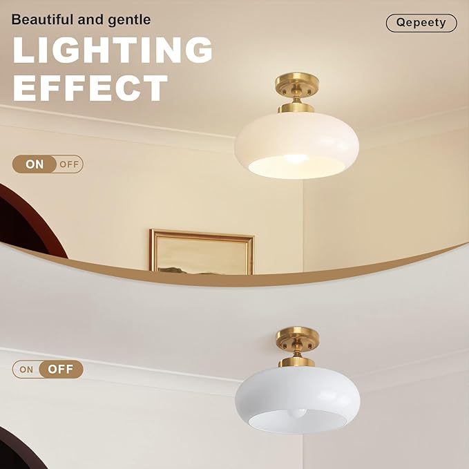 Mid Century Modern Semi Flush Mount Ceiling Light Fixture, Gold Chandelier with 11.02" Milk White Glass Shade, Vintage Close to Ceiling Lamp for Hallway, Entryway, Bathroom, Closet