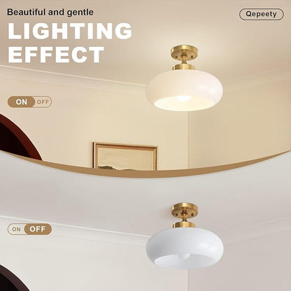 Mid Century Modern Semi Flush Mount Ceiling Light Fixture, Gold Chandelier with 11.02" Milk White Glass Shade, Vintage Close to Ceiling Lamp for Hallway, Entryway, Bathroom, Closet