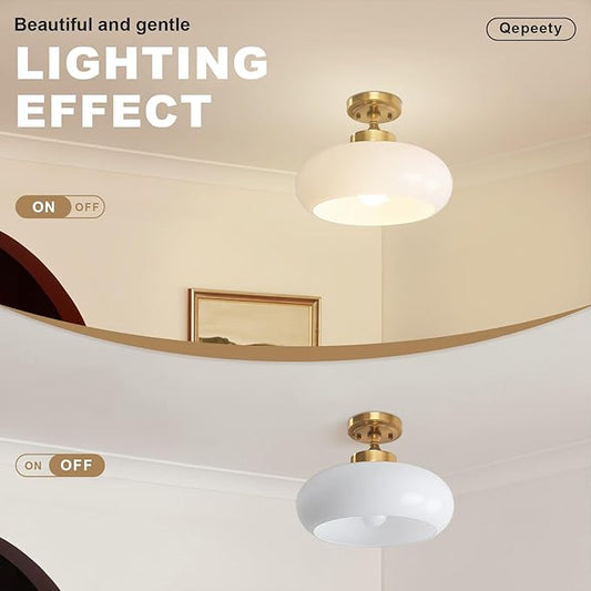 Mid Century Modern Semi Flush Mount Ceiling Light Fixture, Gold Chandelier with 11.02" Milk White Glass Shade, Vintage Close to Ceiling Lamp for Hallway, Entryway, Bathroom, Closet