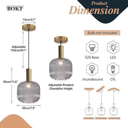 BOKT Modern 1-Light Gold Globe Pendant Light Mid Century Smoke Gray Ceiling Pendant Lighting Glass Ball Round Pendant Lamp Single Brushed Brass Pendant Light Fixture Kitchen Island (Smoke Gray)