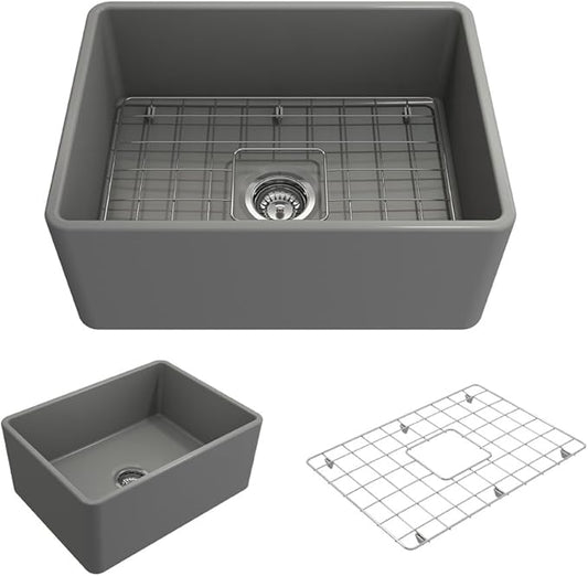 BOCCHI Classico Farmhouse Apron Front Fireclay 24 in. Single Bowl Kitchen Sink with Protective Bottom Grid and Strainer in M.Gray