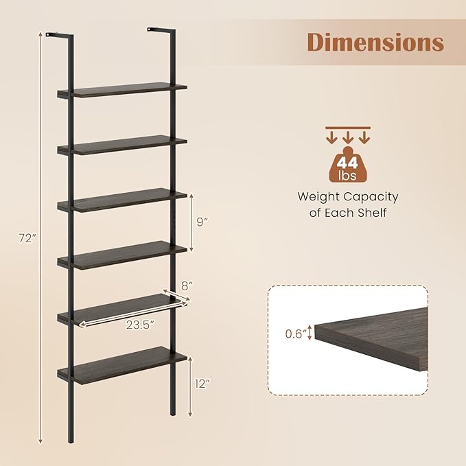 Giantex 6-Tier Ladder Shelf, 72" Wall Mounted Bookshelf with Metal Frame, Industrial Open Storage Shelves, Wooden Bookcase Display Rack for Living Room, Home Office, Bedroom,Gray