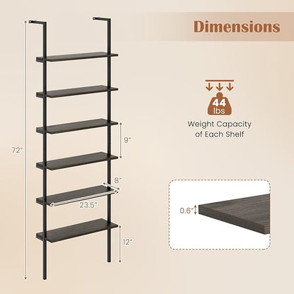 Giantex 6-Tier Ladder Shelf, 72" Wall Mounted Bookshelf with Metal Frame, Industrial Open Storage Shelves, Wooden Bookcase Display Rack for Living Room, Home Office, Bedroom,Gray