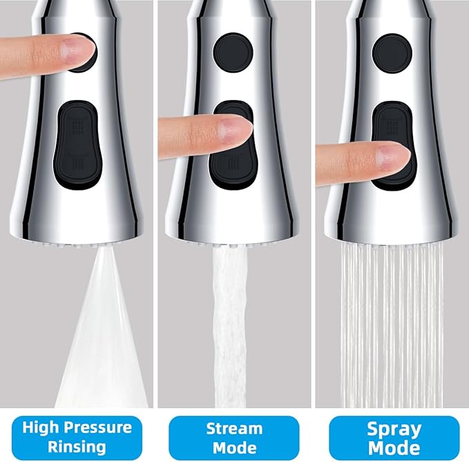 Hibbent Pull Down Kitchen Faucet Head Replacement, 3-Function NSF/ANSI/CAN 61 & CUPC Certified Sink Spray Nozzle, 15 Adapters, Compatible with Moen, Delta, Kohler Faucets, Chrome (Shiny Silver)