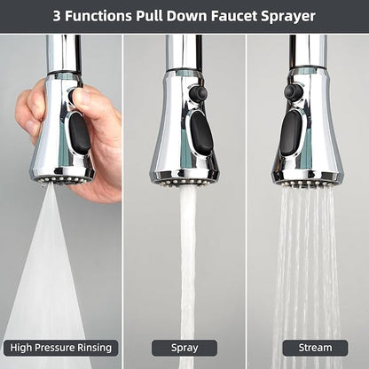 Hibbent Pull Down Spray Head for Kitchen Faucet, NSF/ANSI/CAN 61 & CUPC Certified 3-Function Spray Nozzle, 15 Adapters, Sink Faucet Head Replacement Compatible with Moen, Delta, Kohler, Chrome