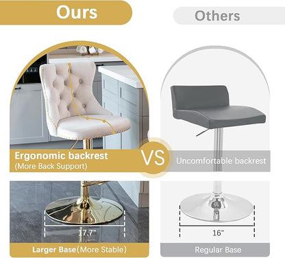 31.5'' Glass Round Bar Table with Stools Set for 2, Modern High Top Pub Table & 2 Adjustable Metal Bar Stool Velvet Swivel Counter Height Bars Chairs (Gold Metal Legs, Clear Top + Beige Chair)