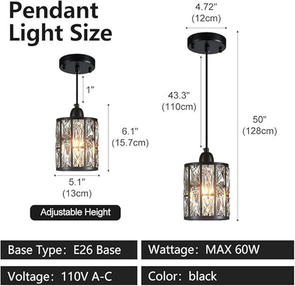 3 Pack Crystal Hanging Kitchen Island Pendant Light Black Finish Concise Fixture Crystal Plate Metal Shade for Bar Dining Room Living Room Over Sink Ceiling
