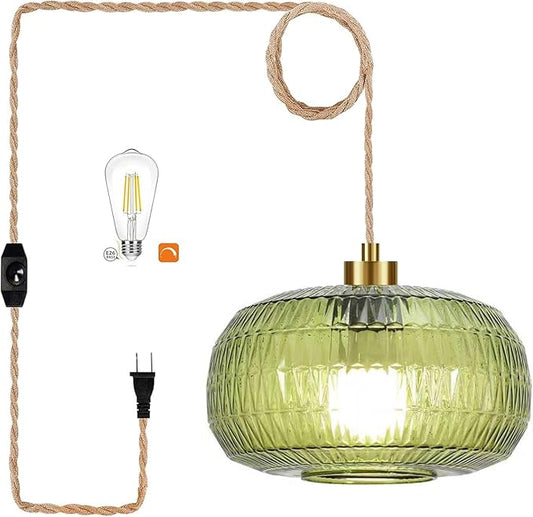 QIYIZM Plug in Pendant Light Glass Hanging Lights with Plug in Cord Boho Hanging Lamp Gold Mid Century Modern Vintage Dimmable Green Flower Plug in Chandelier Ceiling Fixture for Living Room,Kitchen