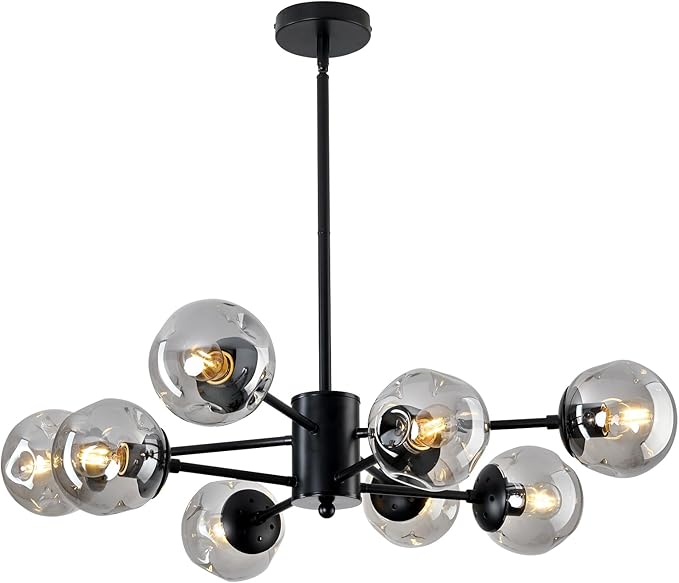 SZXYKEJI 8-Light Sputnik Chandelier Black Mid Century Glass Globe Ceiling Light Fixture Modern Bubble Chandelier for Dining Room Living Room Kitchen Bedroom Farmhouse.