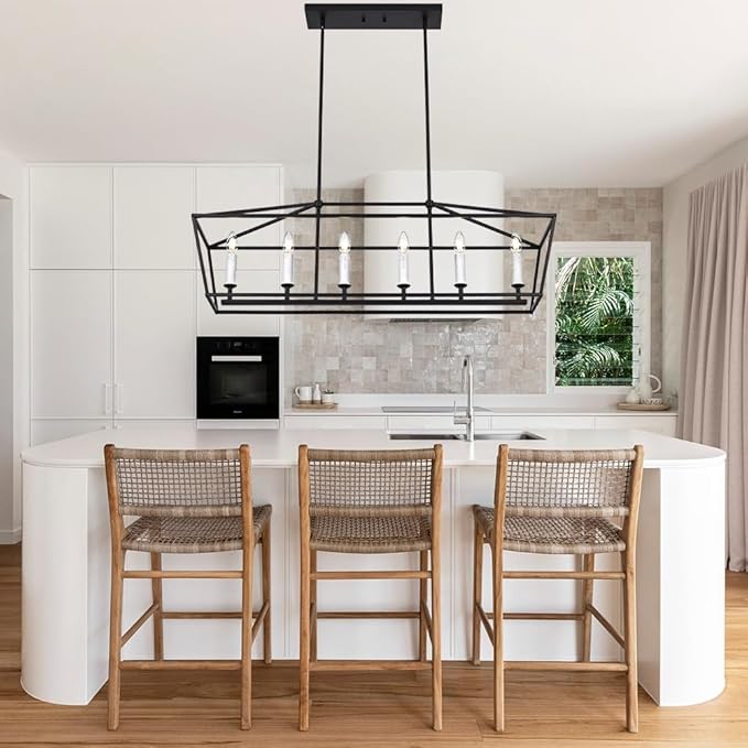 BONLICHT Modern Farmhouse Rectangle Dining Room Light Fixtures Black 6 Light Linear Chandelier Industrial White Kitchen Island Pendant Lighting Classic Ceiling Lights with Adjustable Rods, E12 Base