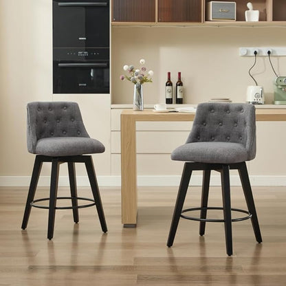 Swivel Counter Chairs, Modern Linen Fabric with Button-Tufted Backrest, Stylish Bar Stools, Set of 2 for Bar, Kitchen Island, Dining Room, White (Dark Gray + Linen + Foam)