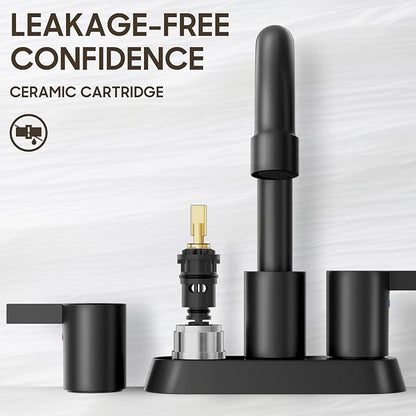 Phiestina 4 Inch 2 Handle Centerset Matte Black Lead-Free Modern Bathroom Faucet, 360 Swivel Spout 2-3 Hole RV Bathroom Vanity Sink Faucet with Pop Up Drain and Water Supply Lines,BF015-1-MB