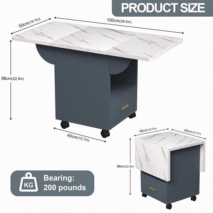 Folding Dining Table with Storage Drawer & Lockable Wheels, Marble Texture Drop Leaf Kitchen Table for Dining Room, Apartment