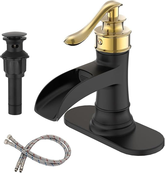 BWE Bathroom Sink Faucet Gold with Matte Black Waterfall Farmhouse Vanity Lavatory Single Hole Faucets One Handle Bath Antique Mixer with Water Supply Line