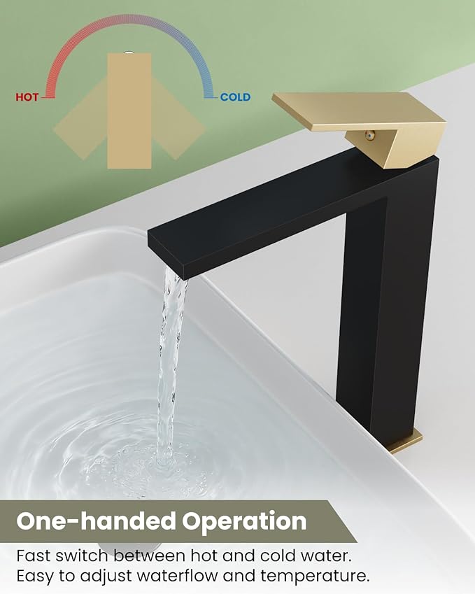 gotonovo Vessel Sink Faucet Single Handle Tall Bathroom Faucet One Hole Modern Lavatory Vanity Basin Mixer Tap Matching Supply Hoses and Pop up Drain Without Overflow, Matte Black&Brushed Gold