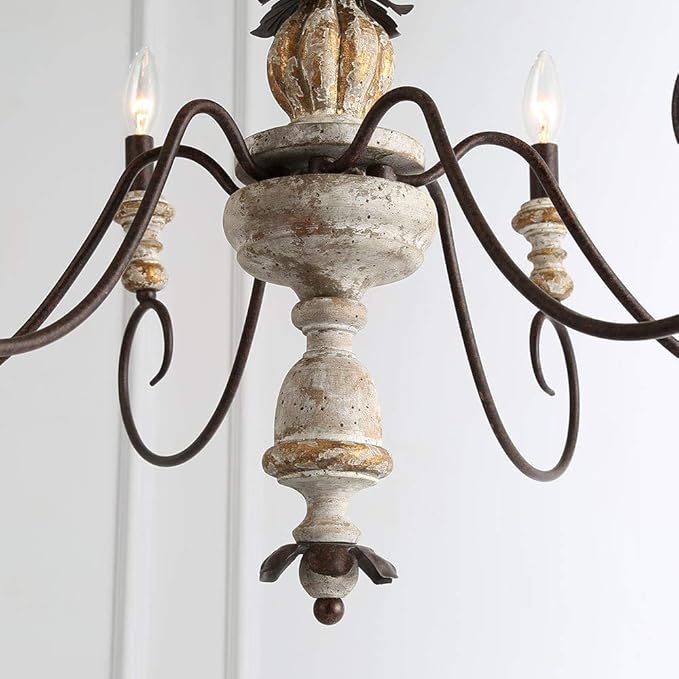 LALUZ Farmhouse Chandelier, French Country Lighting for Dining Room, 6-Light Shabby Chic Chandelier, Cloud Arms in Rusty Metal Finish, Distressed Wood, 31.1" L