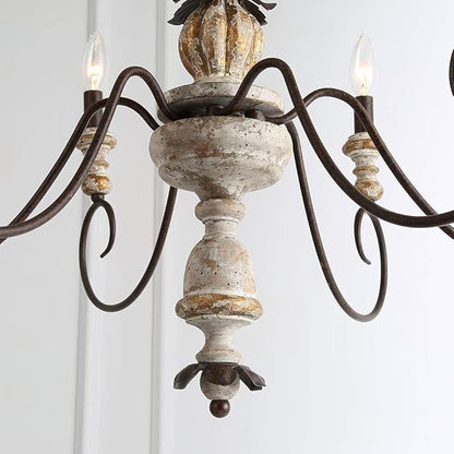 LALUZ Farmhouse Chandelier, French Country Lighting for Dining Room, 6-Light Shabby Chic Chandelier, Cloud Arms in Rusty Metal Finish, Distressed Wood, 31.1" L