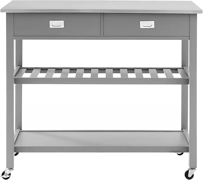 Crosley Furniture Chloe Stainless Steel Top Rolling Kitchen Island Storage Cart, Microwave Stand, Wine Rack, Gray